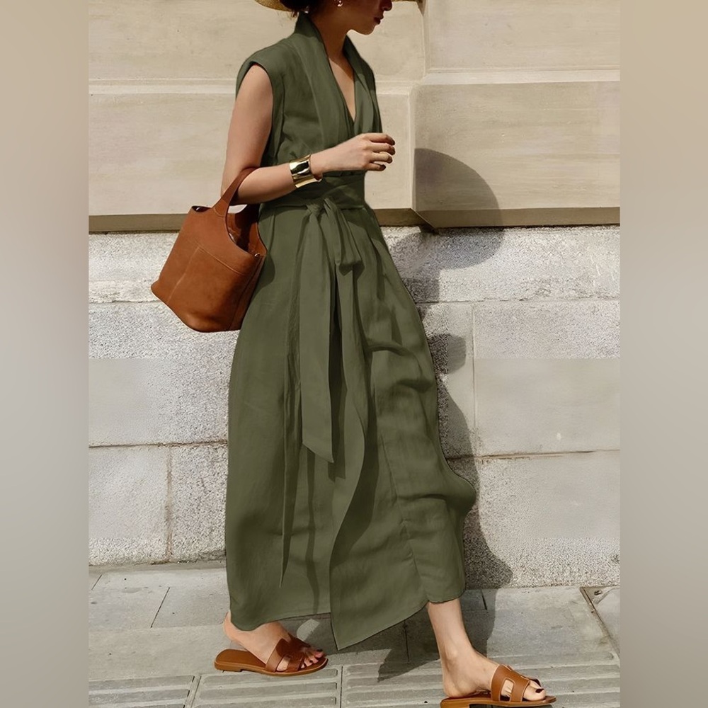 COMMENSE Cotton‎ & Linen Belted Sleeveless Open Front Long Dress - Picture 15 of 17